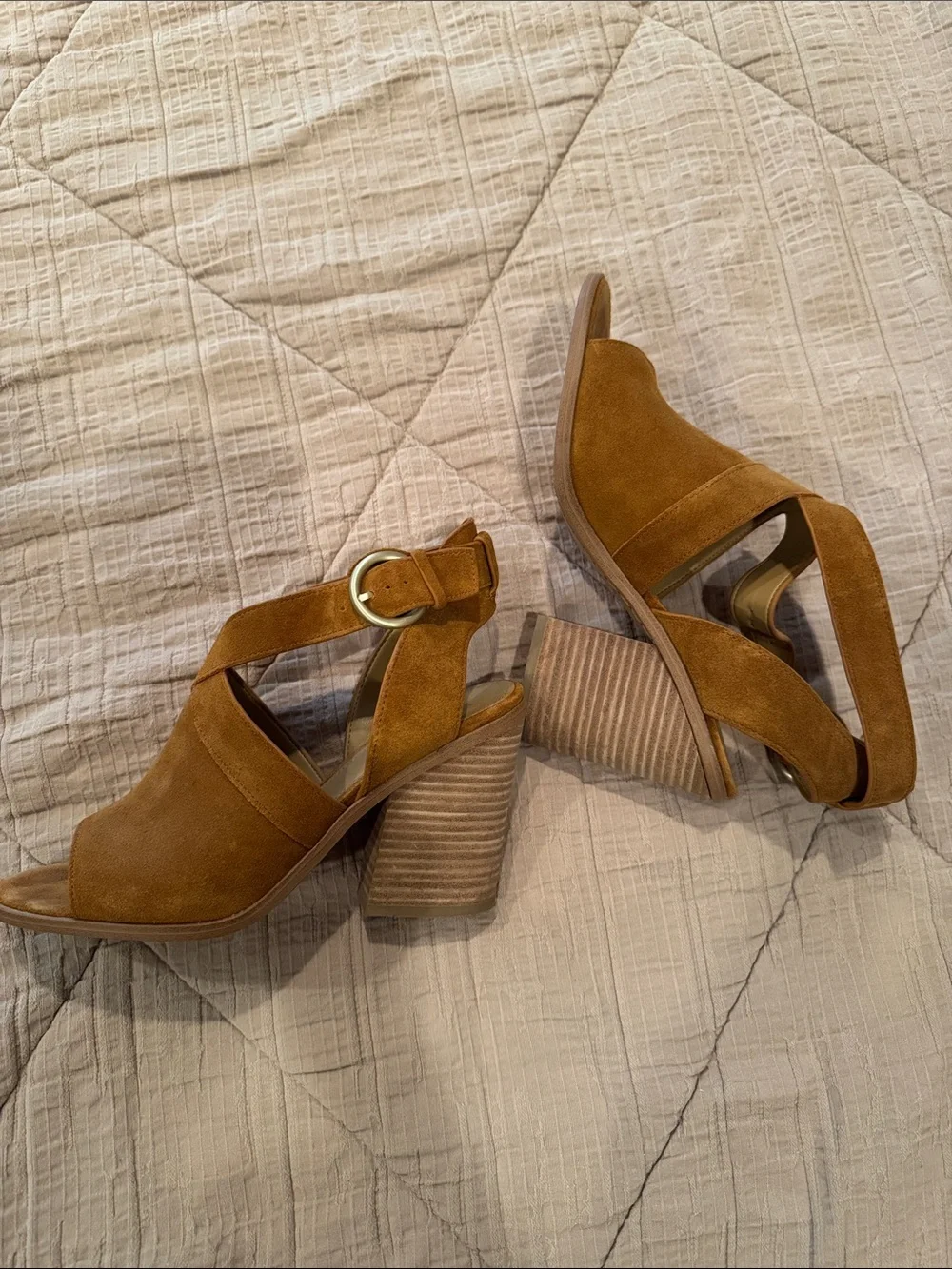 Marc Fisher Tan Suede Peep-Toe Wedge Sandals
